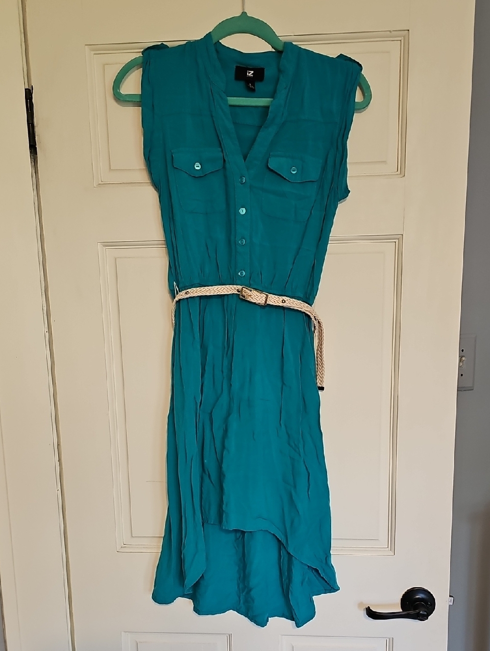 Iz Byer Teal High-Low Sleeveless Shirtdress with Woven Belt